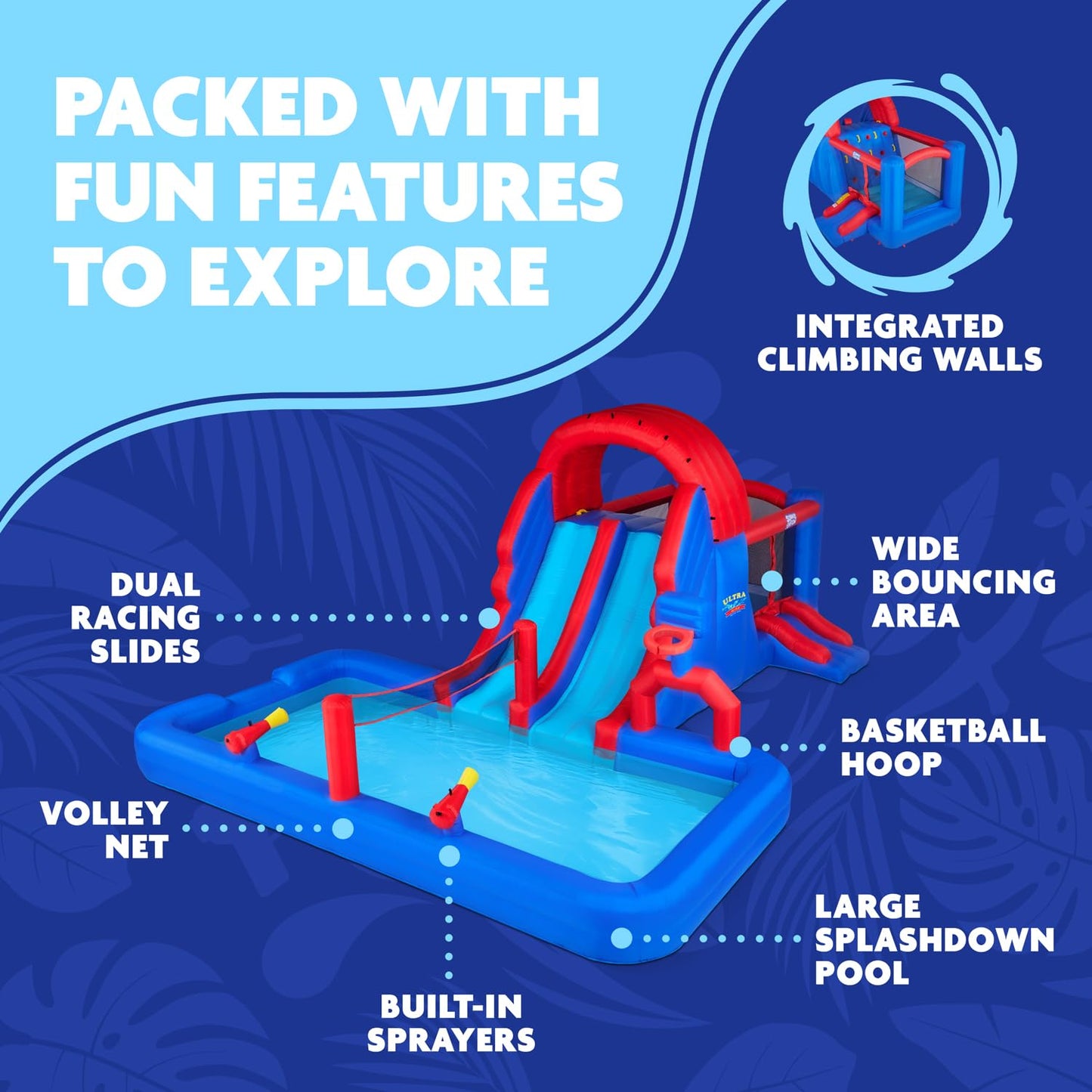Sunny & Fun Ultra All-Play Inflatable Water Slide Park – Heavy-Duty for Outdoor Fun - Climbing Wall, Slides, Bounce House, Volley Net, Hoop, Deep Pool – Inflate w/Included Air Pump & Carrying Case