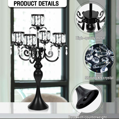 Skiennix 5-Arm Crystal Pendant Candle Holder - Elegant 22-Inch Tall Wedding Centerpiece | Black Finish