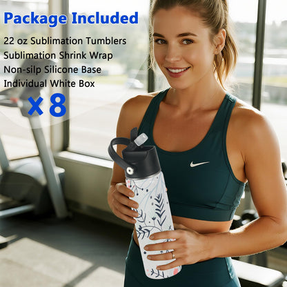 Draheri Sublimation Sports Water Bottle Blanks, 22 oz Sublimation Tumblers Bulk, Stainless Steel Insulated Tumblers with Leak Proof Lid and Portable Handle, Individually Boxed (8 Pack)
