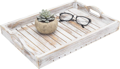 16 11 Inches MyGift Shabby Chic Whitewashed Wood Breakfast Serving Tray with Cutout Handles with Slatted Design
