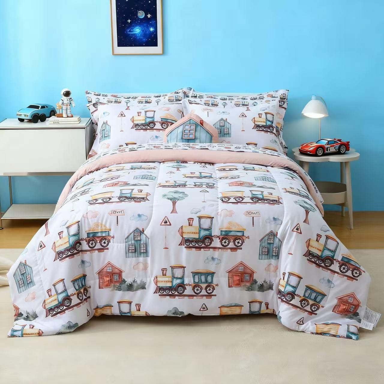 Sets 8 Set Country Set, Mooreeke Kids Full Comforter for Boys Pieces Train Bedding for Teens Microfiber Train Town Kids