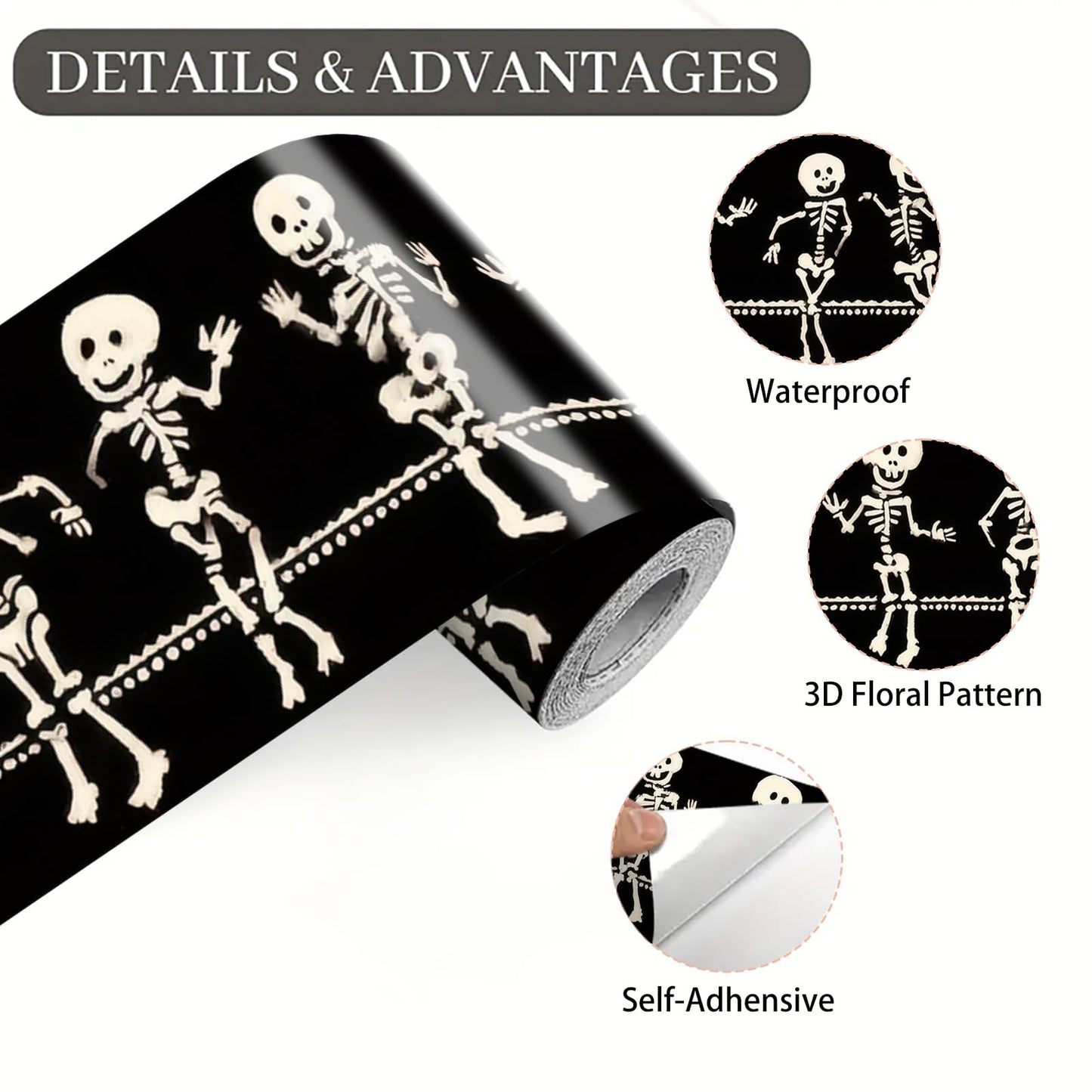 IOHEFY Skeleton Halloween Wallpaper Border 196x4 Inch Removable Wall Border Peel and Stick Dancing Bones Design for Bedroom Bathroom Living Room Kitchen Wall Trim Decor Spooky Gothic Holiday Style