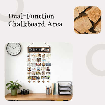 HPZIHYNAP Wooden Photo Board - Hanging Board for Pictures with Clips & Chalkboard, Wall Picture Frame Collage for Home Decor (30 Clips Included)