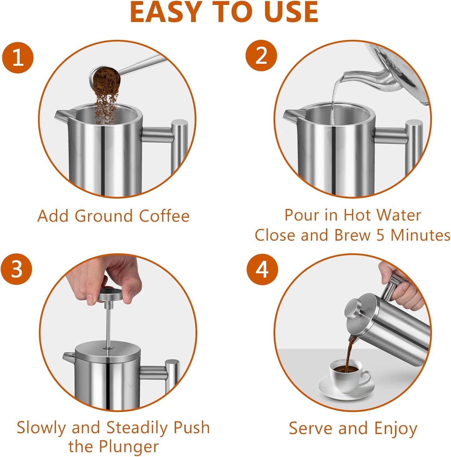 French Press, 12oz Double-Wall Insulated Coffee Maker, Stainless Steel with 3 Level Filtration System