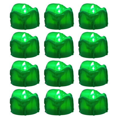 Windshell Green Flickering Flame Tealight Candles with Auto 6H Timer (No Remote), Battery Operated LED Flameless Tea Lights with Melting Design, for St Patrick Halloween Christmas, 12 Pack