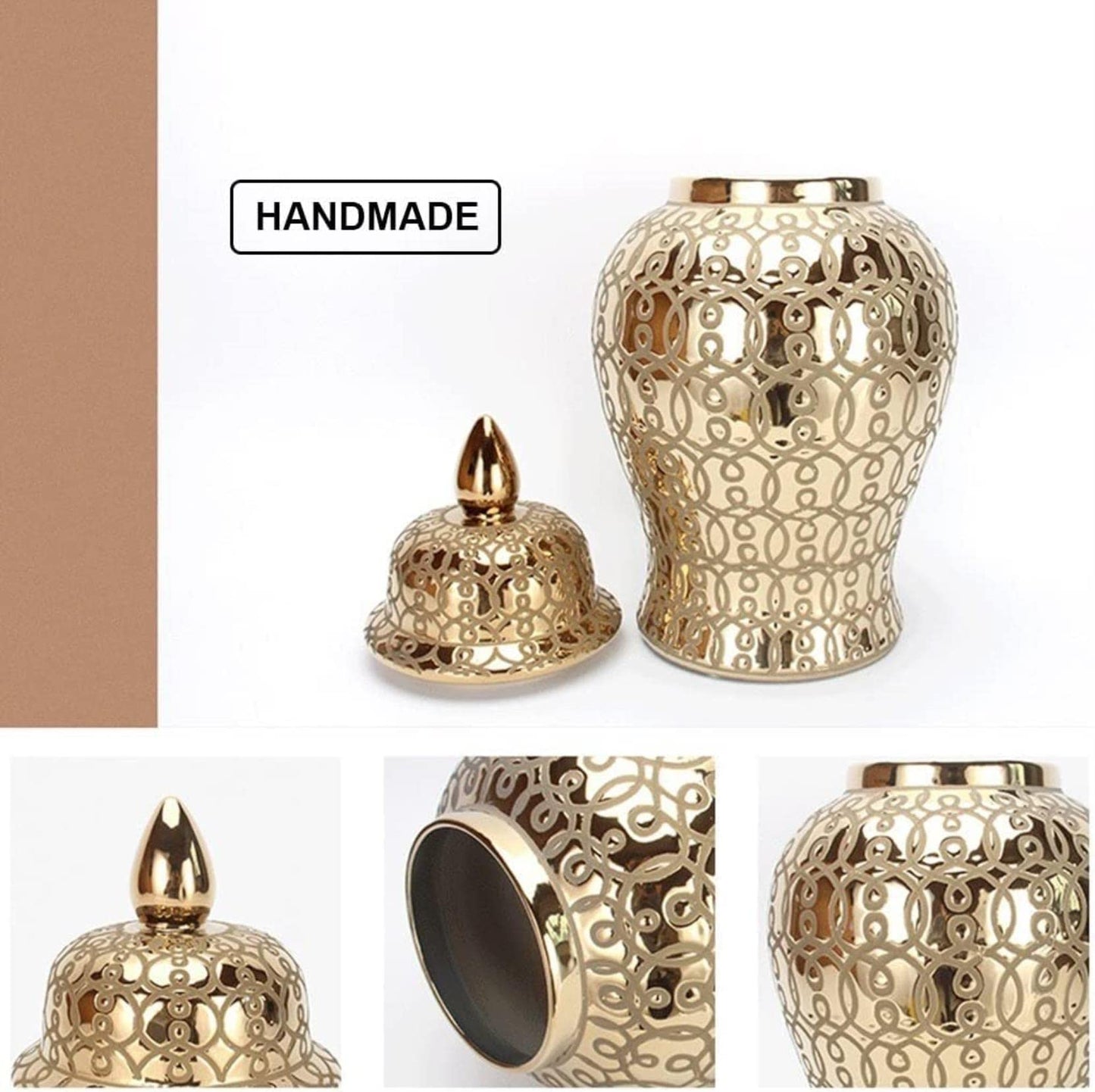 AJJBSS Tea Tin Gold Ginger Jars for Home Decor, Handcrafted and Hand Painted Decorative Ceramic Jar Vase with Lid，Carved Patterned Temple Jar (Size : Large)
