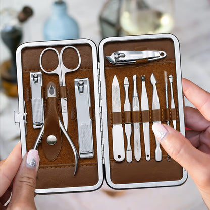 FAMILIFE Manicure Set, Nail Professional Kit Manicure Kits Nail Clipper Sets, 13PCS Stainless Steel Pedicure Sets Mens Grooming Tool, with Brown Leather Travel Case for Men