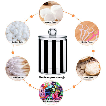 2 Pack Qtip Dispenser Apothecary Jars Bathroom Organizer, White and Black Striped Qtip Holder Storage Canister Plastic Acrylic Jar for Cotton Ball/Swab/Rounds