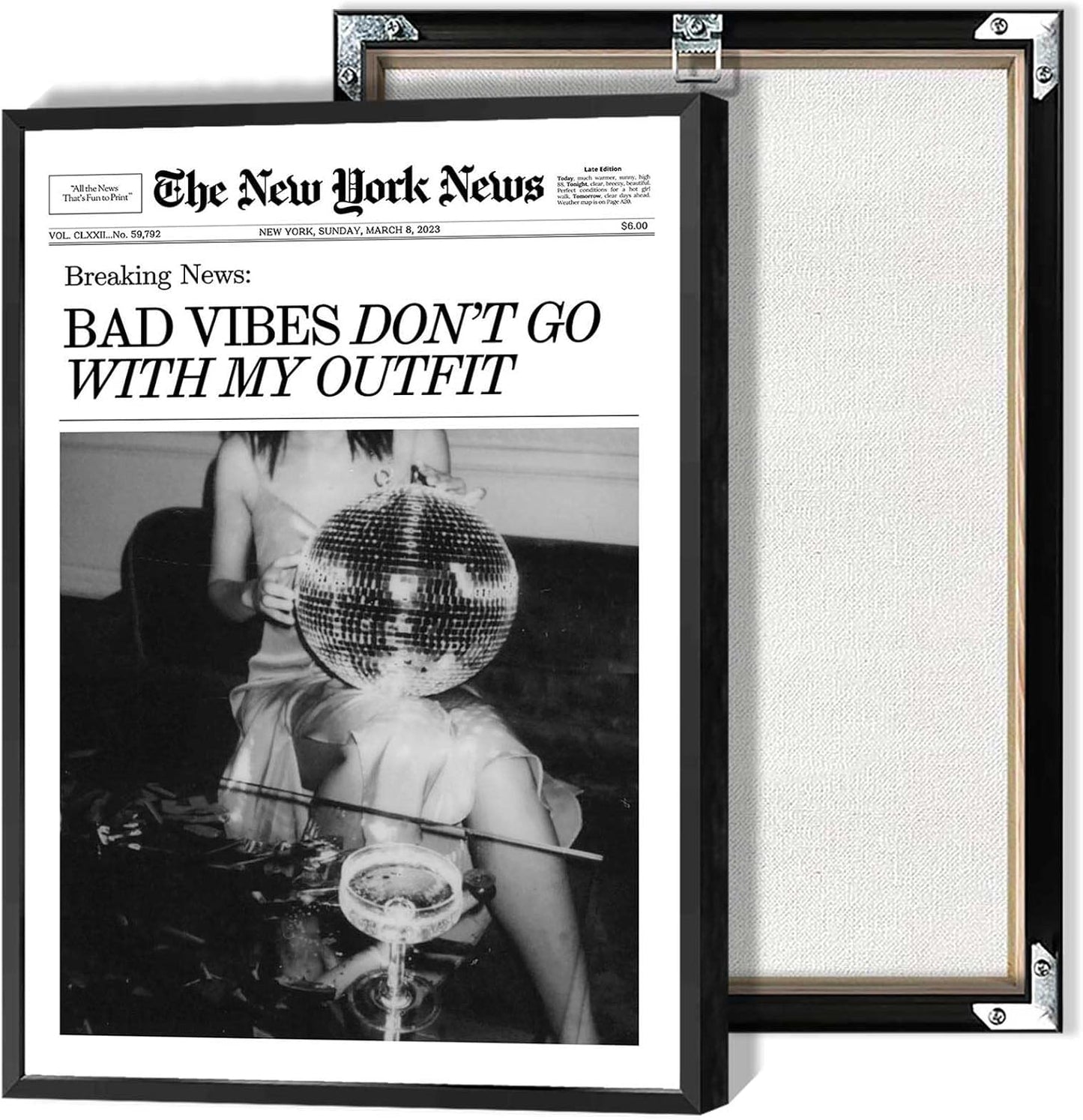 Generic 16x24in Retro Black and White Canvas Wall Art Funny Magazine Cover Newspaper Poster Vintage Disco Ball Bar Cart