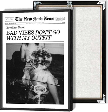 Generic 16x24in Retro Black and White Canvas Wall Art Funny Magazine Cover Newspaper Poster Vintage Disco Ball Bar Cart