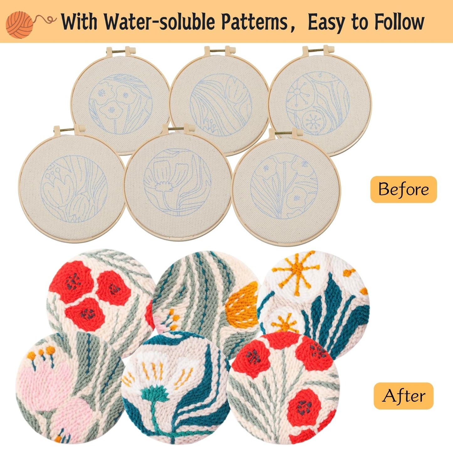 Mooncci Punch Needle Coaster Kit, 6pcs Flower Pattern Needle Punch Kits with Tools and Instructions for Adults Beginners, Great Festival Gift and Decoration Ideas