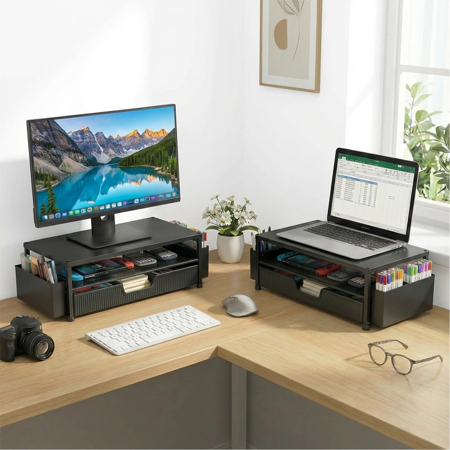 ECOLOVI Desk Organizer and Accessories, 2-Tier Computer Monitor Stand Rise with Storage Drawer & 2 Pen Holders, Laptop & Printer Stand for Desktop, Workspace Organizers for Office Supplies (Black)