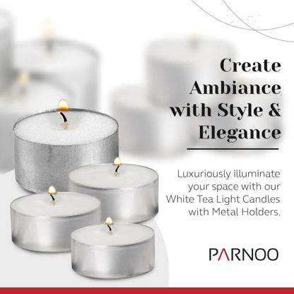Tea Light Candles in Metal Cups - 4.5 Hours Clean, Long Burning White Unscented Tea Candles - 500 Candles - Votive Bulk for Romantic Dinner, Wedding, Spa & Hotels by PARNOO