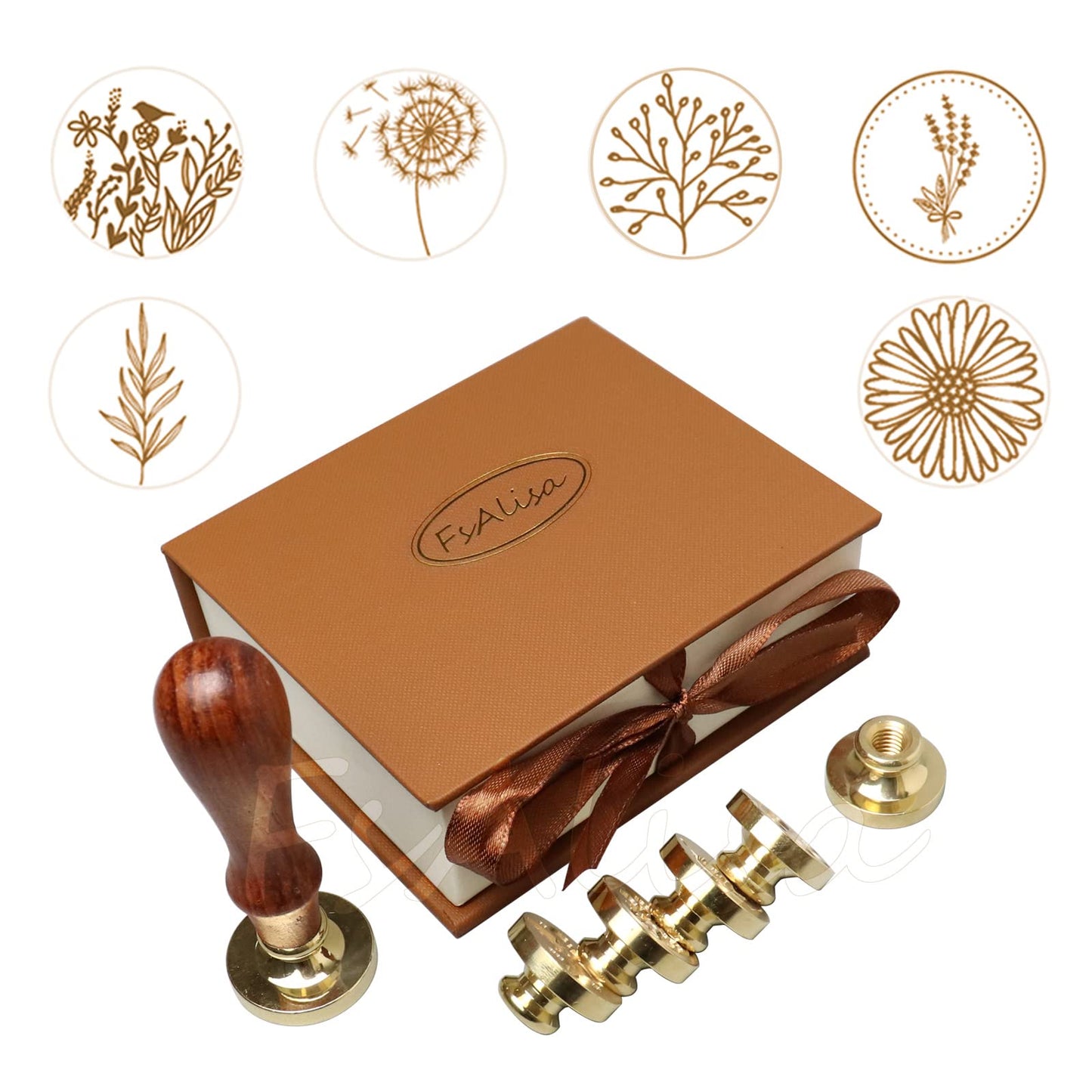 FsAlisa Copper Seals Stamp Set 6 Pieces + Wooden Hilt, Vintage Seal Wax Stamp Kit with Gift Box for Invitations, Cards, Letters, Envelopes, Wine Packages (Botanical Set B)