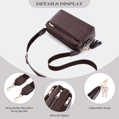 Roulens Triple Zip Small Crossbody Bag for women,Wide Strap Cell Phone Purse Shoulder Handbag Wallet with Credit Card Slots