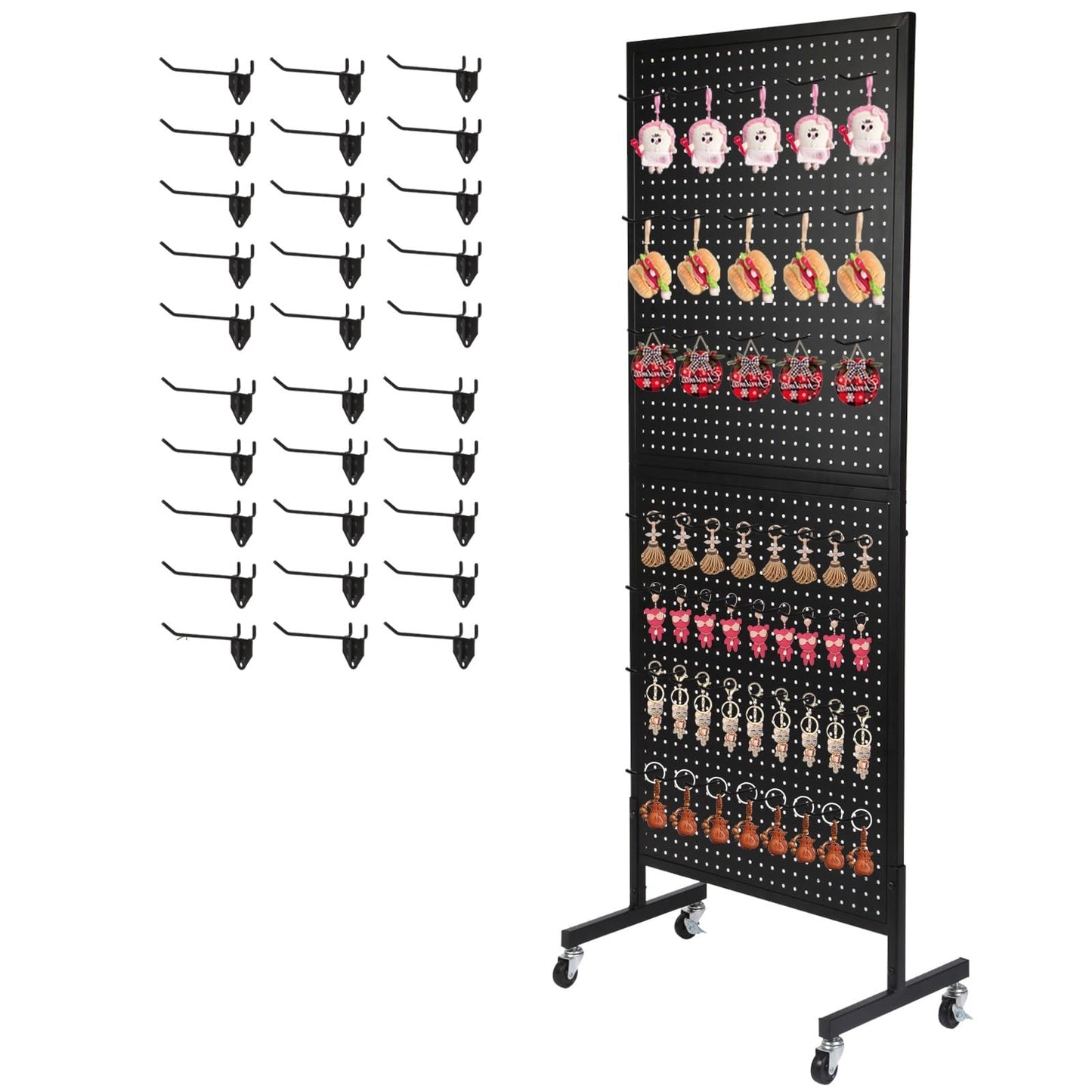 Eastern Tree Metal Pegboard Display Stand 2'x 5'with 30 Hooks, Pegboard Panels Display with Wheels, Peg Board Display Rack, Standing Pegboard Display- Black