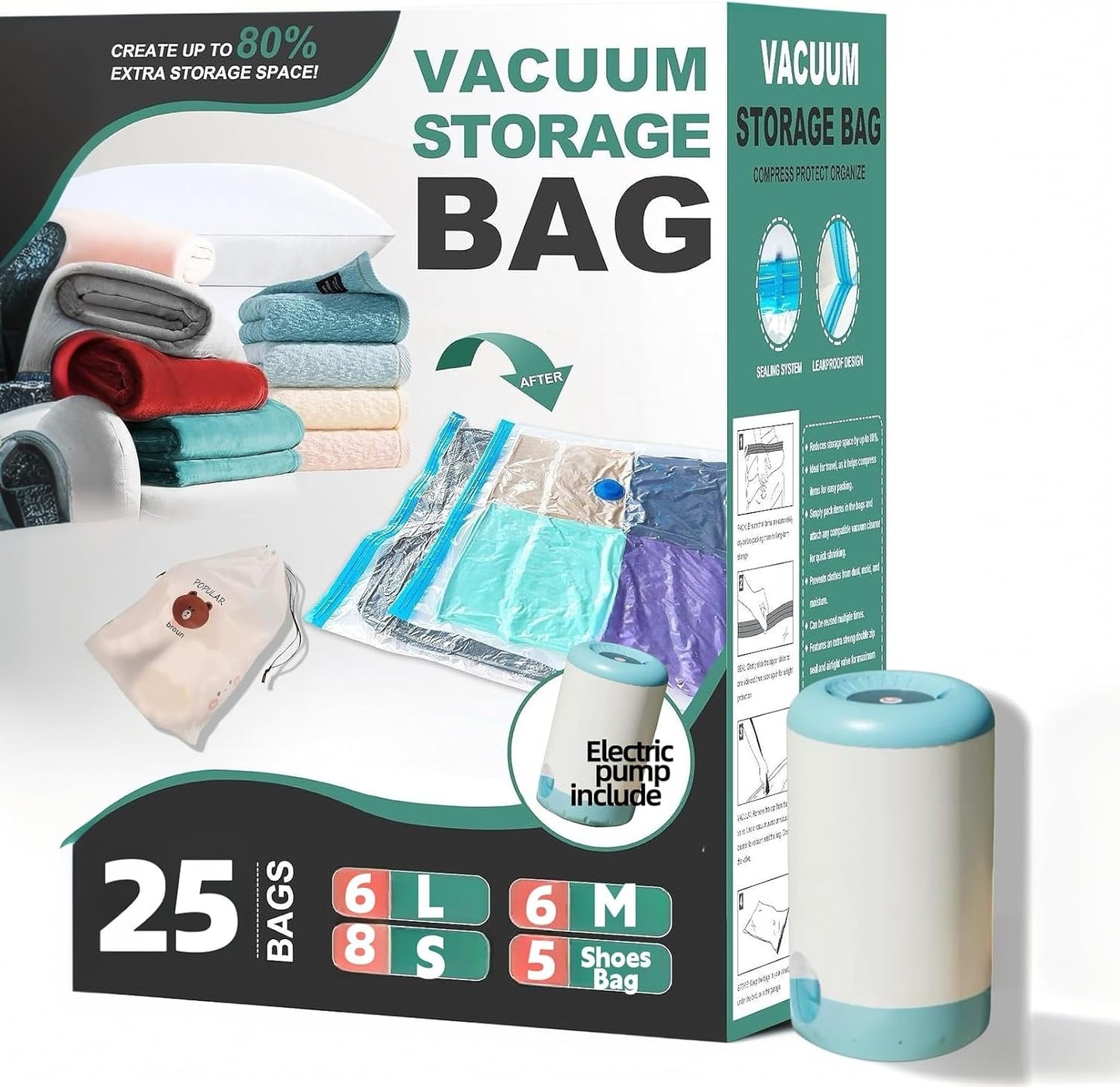 Skiennix Vacuum Bags for Travel - 25 Pack Compression Packing Bags with Rechargeable Air Pump | Space Saver for Luggage and Clothing
