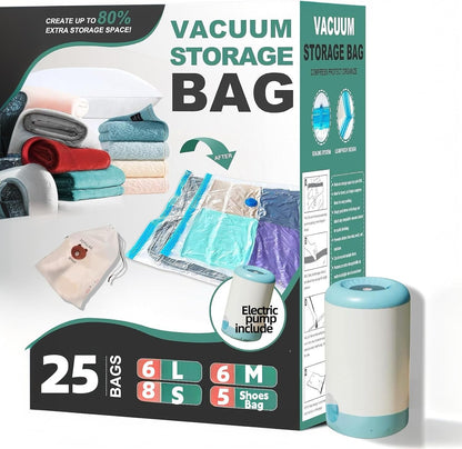 Skiennix Vacuum Bags for Travel - 25 Pack Compression Packing Bags with Rechargeable Air Pump | Space Saver for Luggage and Clothing