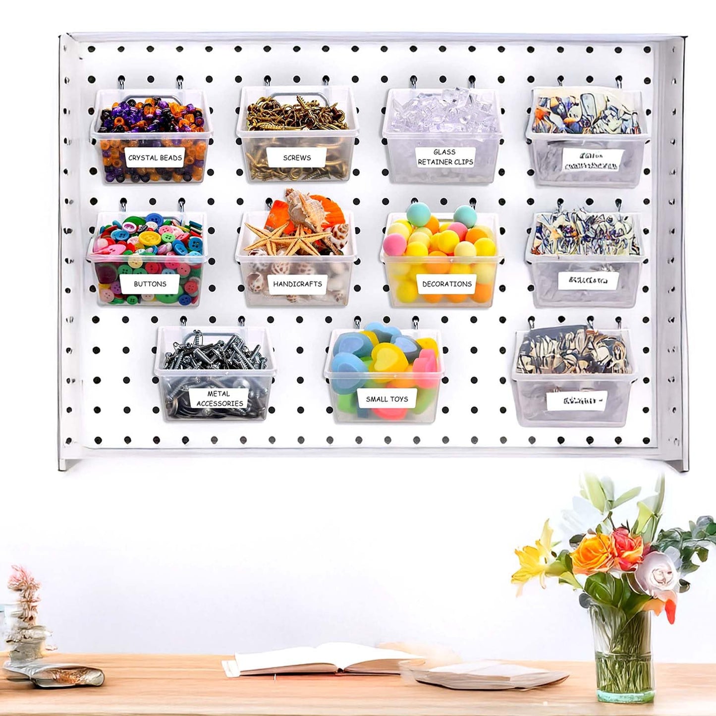 mekueeex 16 Set Clear Peg Board Bins and Baskets Pegboard Organizer Accessories with Hooks Pegboard Containers Wall Sticker Label and Pen for Craft Storage Tool Organizer Garage Storage