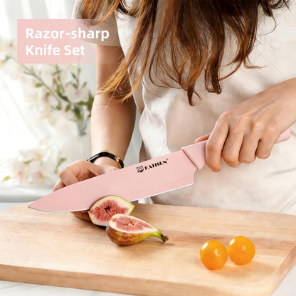 Knife Set, 15 Pieces Knives Sets for Kitchen with Block, Dishwasher Safe Kitchen Knife Set with Built in Sharpener Block, German High Carbon Stainless Steel Knife Block Set with Pink Nonstick Coating