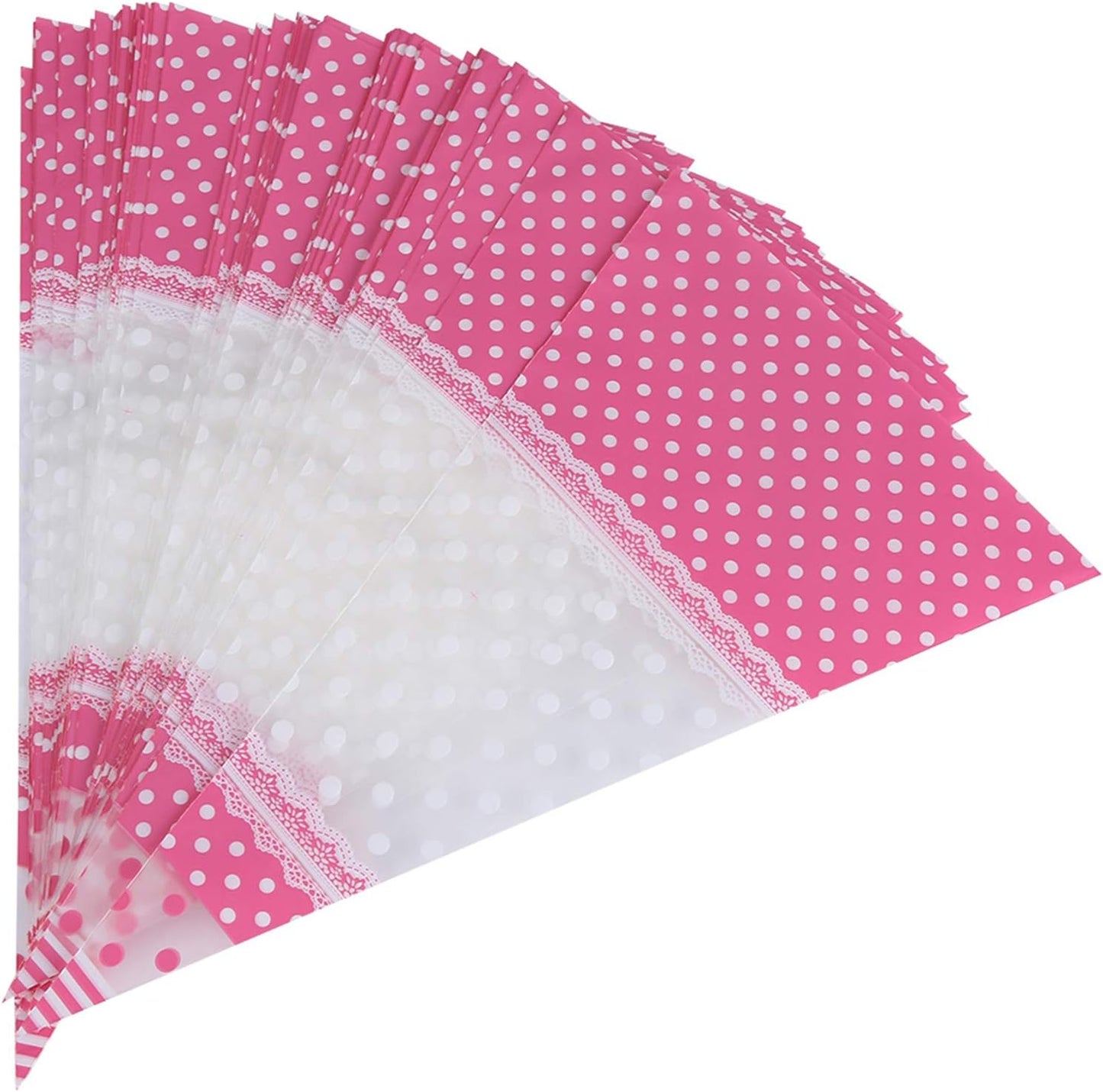 FTVOGUE 50 Piece Clear Cone-Shaped Treat Bags with Twist Ties, Cellophane Candy Bags (Pink)