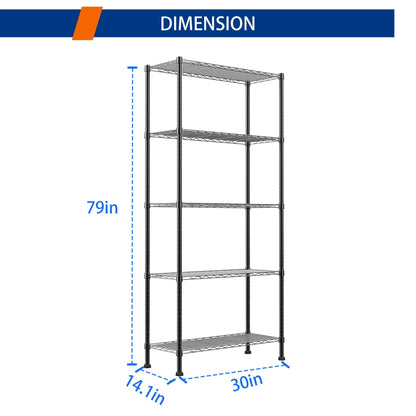 REGILLER 5-Wire Shelving Metal Storage Rack Adjustable Shelves,Standing Storage Shelf Units for Laundry Bathroom Kitchen Pantry Closet(Black,11.8" D x 16.6" W x 53.5" H)