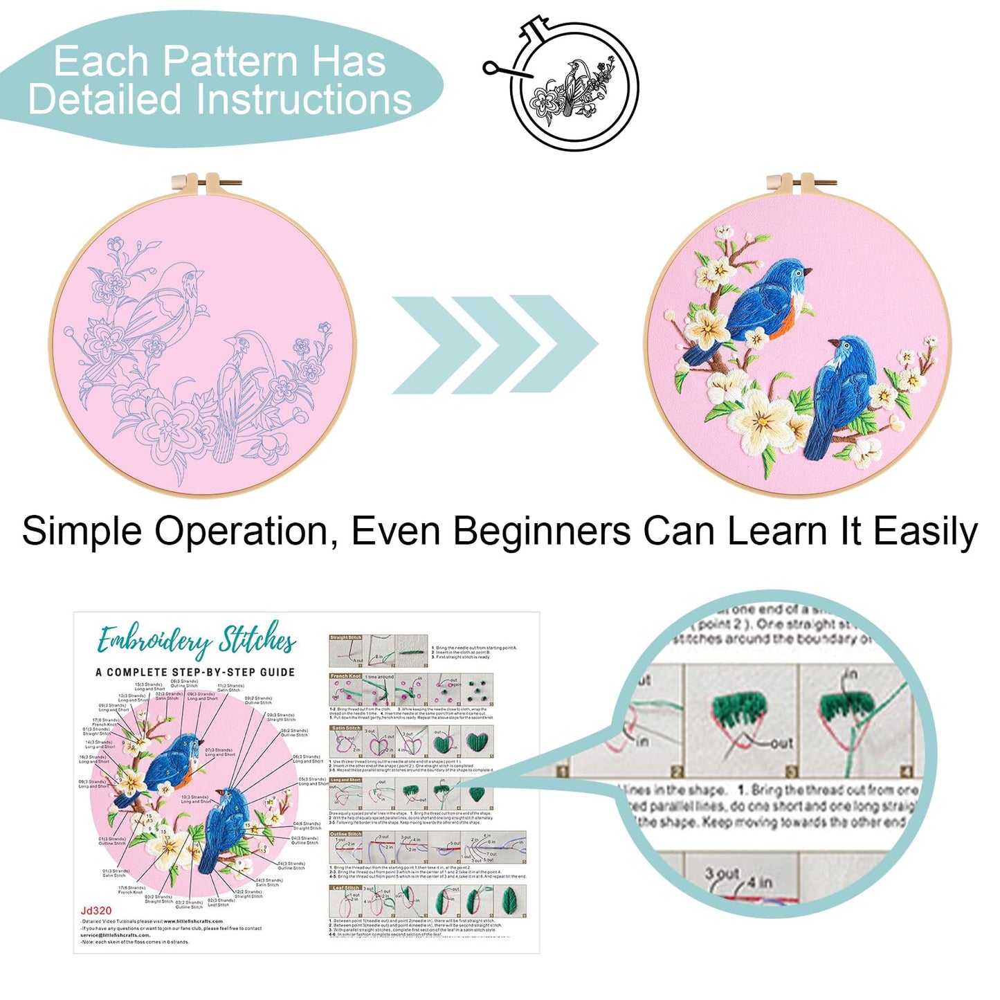 Nuberlic 3 Pack Embroidery Kit for Beginner Adults, Cross Stitch Set with Cardinal & Blue Bird Patterns, Includes Cloth, Hoops, Threads, Needles, Instructions