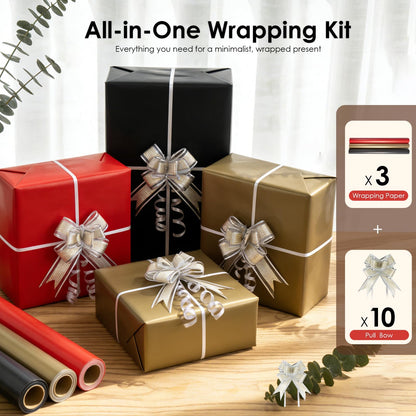 Isaspire Gift Wrapping Paper Set - 3 Rolls, Black, Red, and Gold Wrapping Paper for Christmas, Birthdays, Weddings, Graduations, and Baby Showers, Includes Gift Bow, 17 x 394 inches per roll