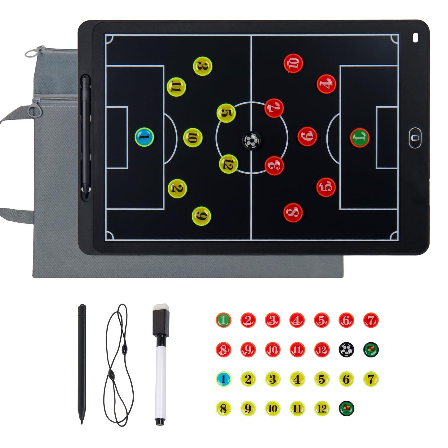 Magnetic Electronic Soccer Coach Board, 15 inch LCD Football Lineup Board Set with Stylus Pen, Dry Erase Markers and Carry Bag, for Soccer Game,Training,Teaching