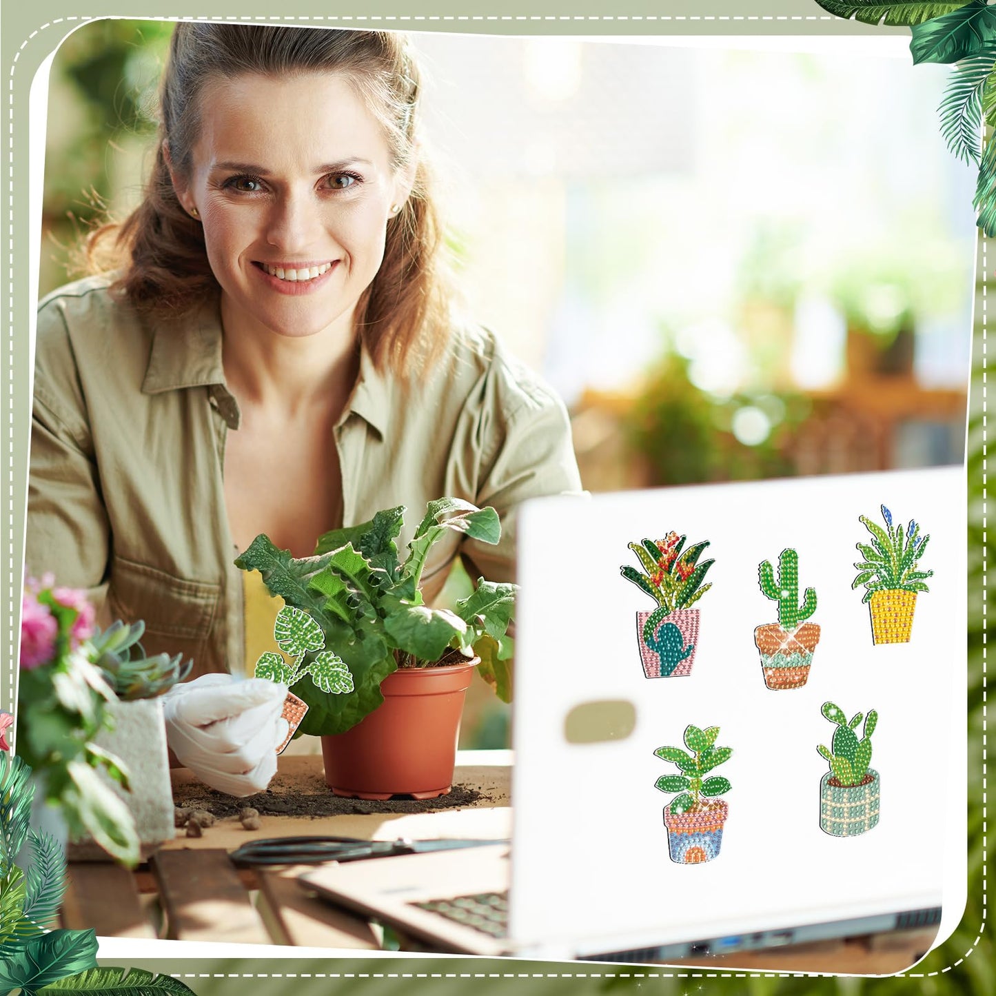 Xuhal 30 Pcs Potted Plants Diamond Painting Magnets Green Plants Diamond Art Magnet Kits for Adults Green Refrigerator Magnetic Sticker 5D Rhinestone Fridge Stickers for DIY Crafts Beginners Gifts