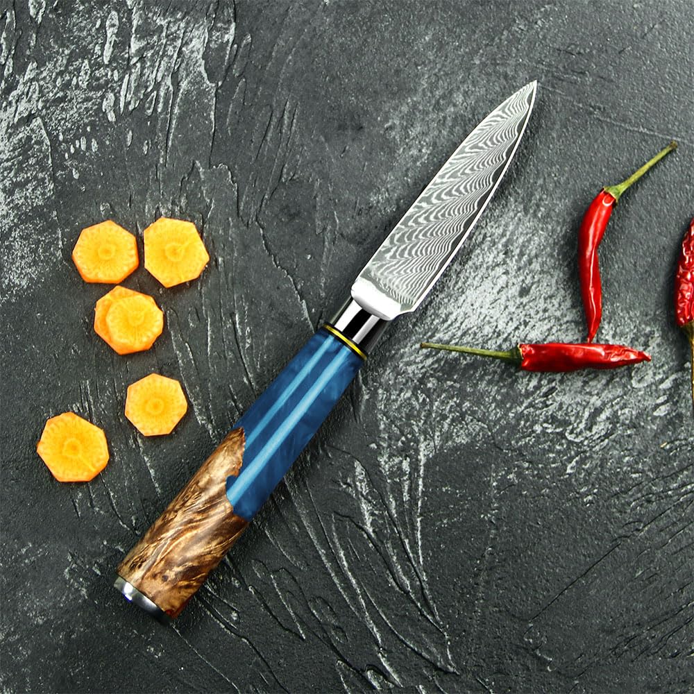 Seido Knives 7-Piece Executive Damascus Steel Knife Set with Japanese VG-10 Super Steel Core - Home Kitchen Knife Set - Professional Design Handle Blue Resin Epoxy and Strong Stabilized Wood