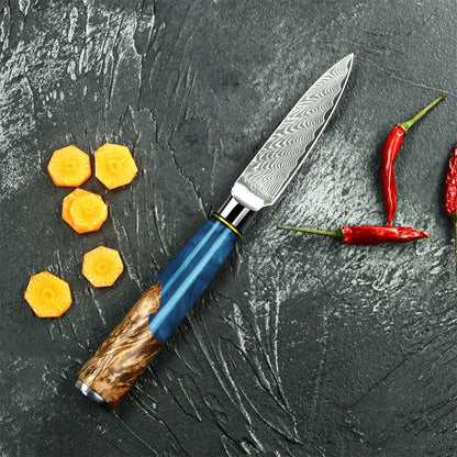 Seido Knives 7-Piece Executive Damascus Steel Knife Set with Japanese VG-10 Super Steel Core - Home Kitchen Knife Set - Professional Design Handle Blue Resin Epoxy and Strong Stabilized Wood