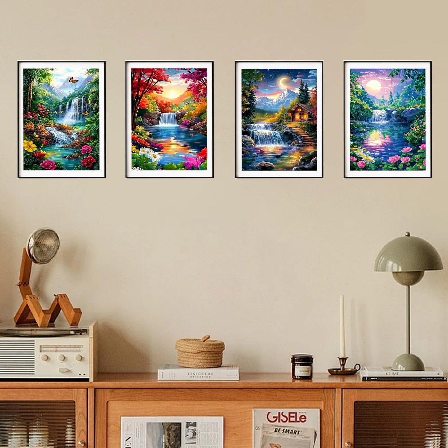 DOZEEZOP 4 Pack 5D Diamond Painting Kits for Adults, Landscape Diamond Art Kits for Beginners of All Ages, Round Full Drill Painting by Numbers Crafts Home Wall Decor 12 x 16 Inches Red