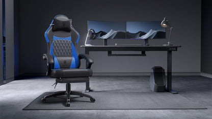 Dowinx Gaming Chair with Pocket Spring Cushion, Ergonomic Computer Chair with Massage Lumbar and Footrest for Adults, High Back Game Chair Leather for Office Gaming 300LBS, Blue New