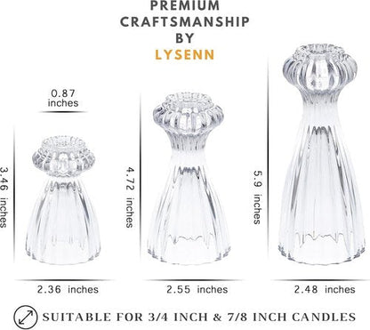 Lysenn Glass Candle Stick Holder Set of 3 - Elegant Taper Holders for Romantic Ambiance - Clear Decor