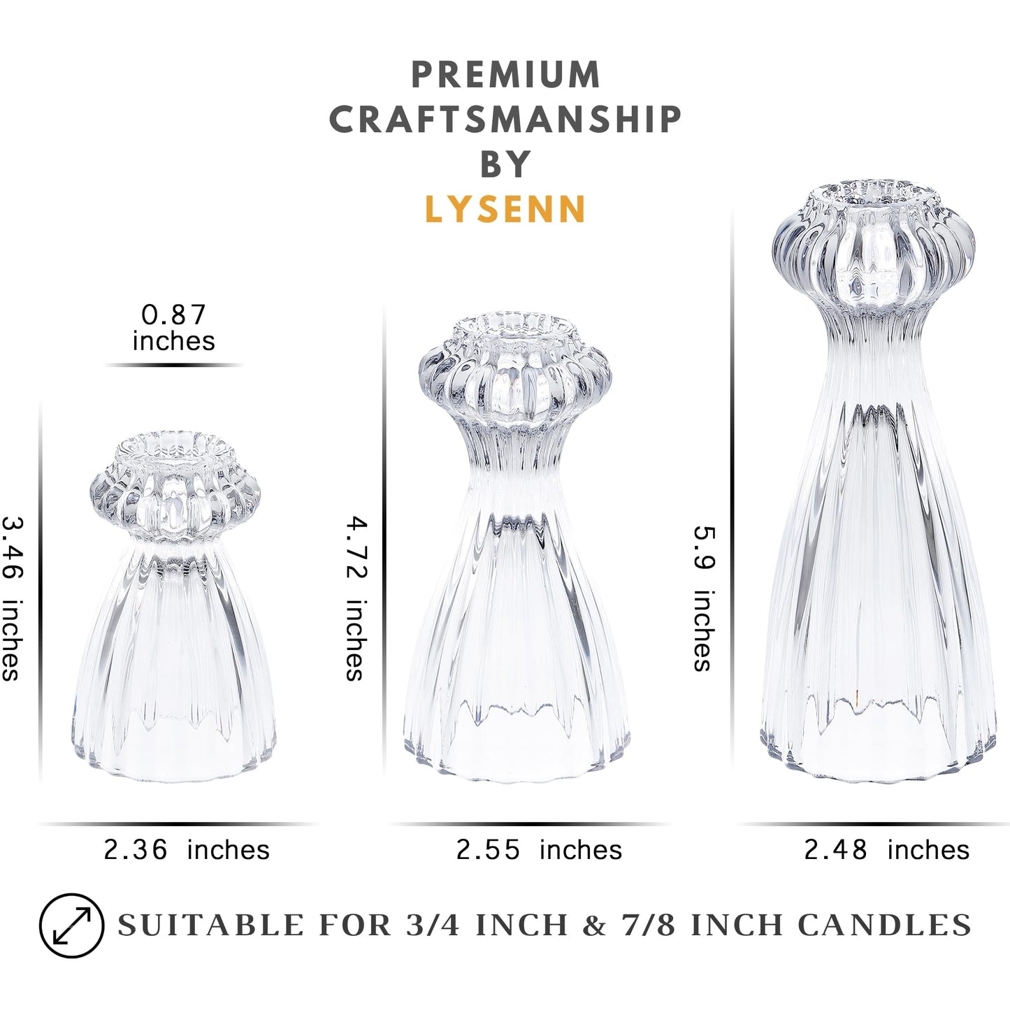 Lysenn Glass Candle Stick Holder Set of 3 – Premium Taper Candle Holders for Romantic Ambiance - Candle Sticks Holder Decor for Special Occasions - Dark Blue