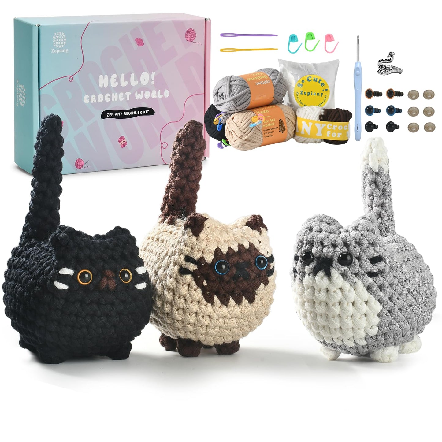 Zepiany Crochet Kit for Beginners, Crochet Cat Beginner Crochet Kit for Adults, Amigurumi Crochet Animals Cat Crafts Crochet Kits, Easy Knitting Kit Galentines Day