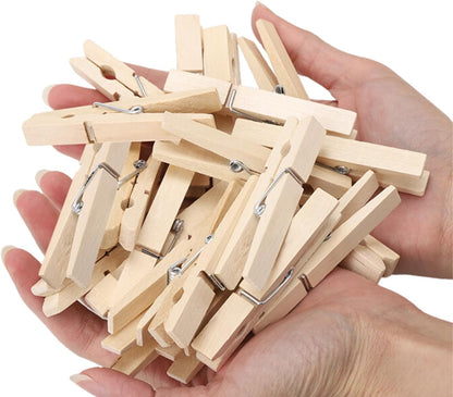 Clothes Pins, 50 Pack, 2.9 in Natural Birchwood, Rust and Moisture Resistant Clothespins with Storage Bag for Hanging
