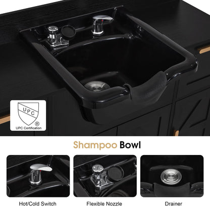 BarberPub Portable Shampoo Station, Shampoo Bowl with Cabinet & Drawer, Salon Geometric Finish Station with Sprayer Faucet, Barber Storage Equipment with Hair Wash Backwash Sink 3439 (Black)