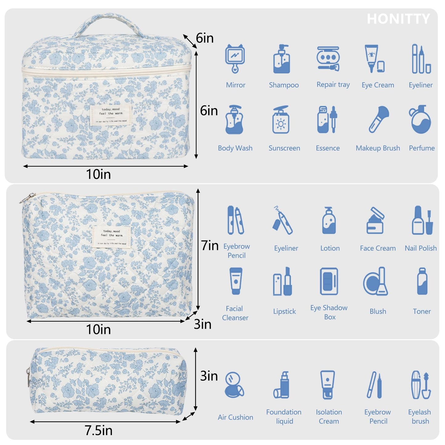 Makeup Bag,Quilted Cosmetic Bag,Large Floral Make Up Bag for Women,Cotton Makeup Bag Set,Flower Travel Toiletry Bag