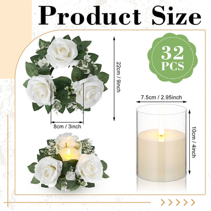 Yunlly 32 Pcs Rose Candle Rings with Flameless Candles Sets, Artificial Flower Eucalyptus Wedding Centerpiece 3 Inch Pillar Candleholders Wreaths for Wedding Party Mother's Day (White)
