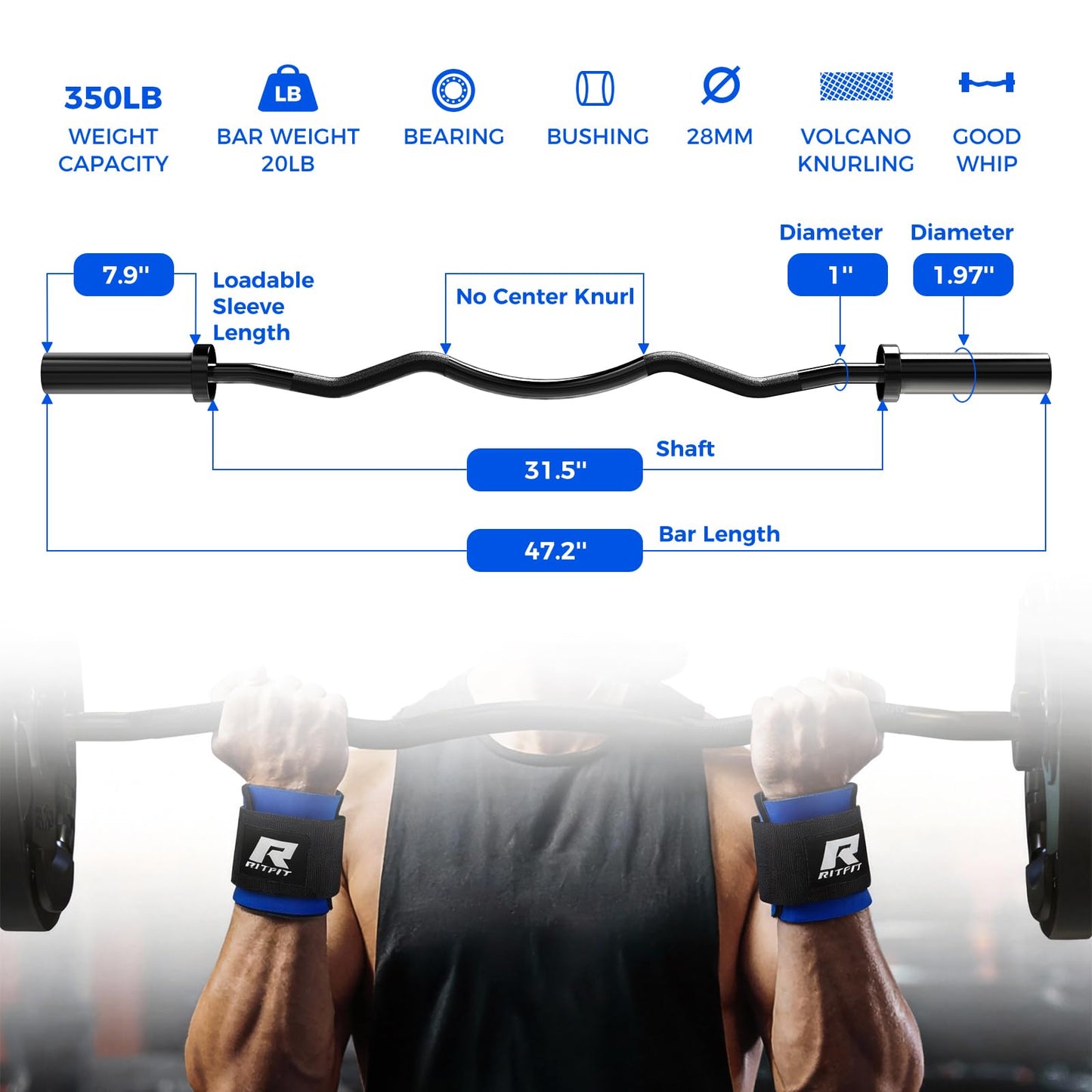 RitFit 2 Inch EZ Curl Bar with Weights, 350LBS Capacity Olympic Barbell for Bicep & Triceps, Home Gym Strength Training,Black with 85LBweights