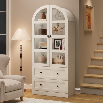 Garvee 72" Tall Dome Bookcase with Drawers, 4-Tier Wooden Bookshelf Cabinet with Glass Door, Farmhouse Arched Cabinet with Display Shelves, Wood Bookcase for Home Office, Living Room, Rustic White