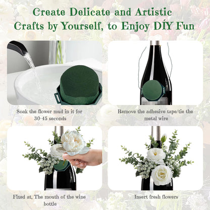 Flower Foam Holders, 12 Pcs Green Round Floral Foam with Adhesive & 38Yd Wire for Wine Bottle Arrangements, Wedding Centerpieces, DIY Fresh/Dried Artificial Flowers Decor