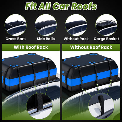 APTY 21 Cubic Feet Car Rooftop Cargo Bag Carrier, Soft Roof Top Luggage Bag for All Vechicles with/Without Racks - with Waterproof Zip, Luggage Lock, Anti-Slip Mat, Storage Bag, Door Hooks, Blue
