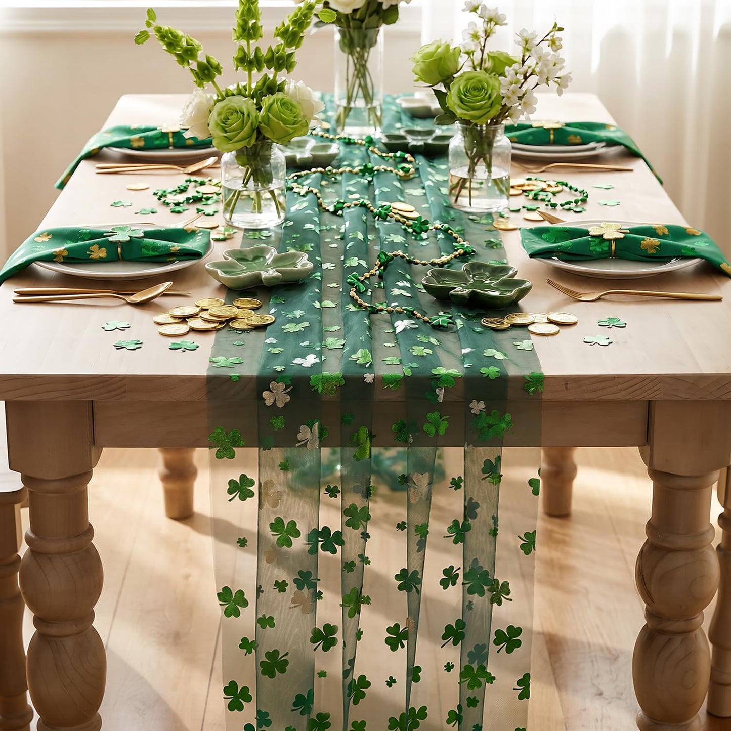 Artoid Mode Green Gauze Shamrocks St.Patrick's Day Table Runner 120 Inch 10FT,Seasonal Sheer Dining Holiday Baby Shower Table Decor for Home Party