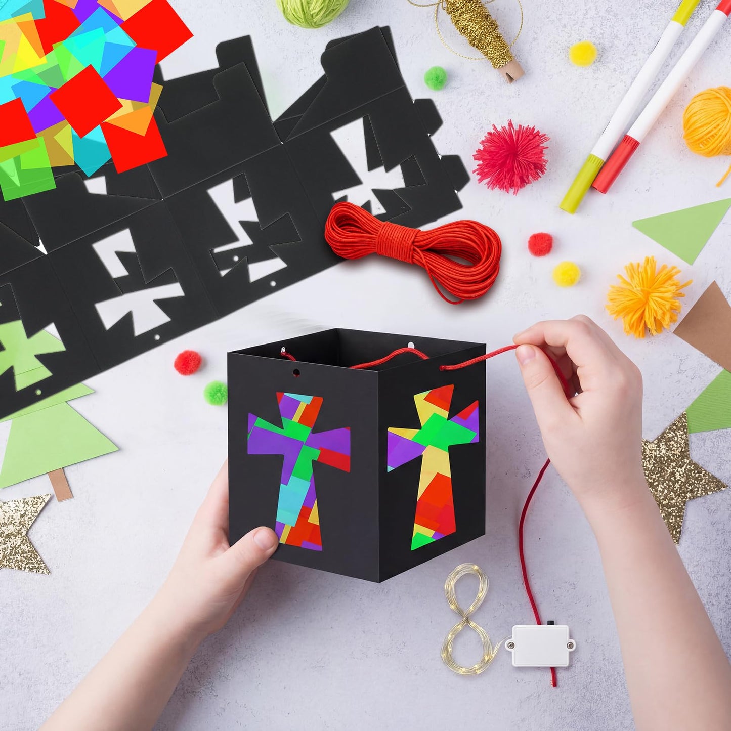 VIHOSE 24 Sets Religious Cross Craft Christian DIY Hanging Christian Lantern Tissue Paper Crafts with Light String Make Your Own Paper Lantern Decorations for Church Sunday School Vbs Activities
