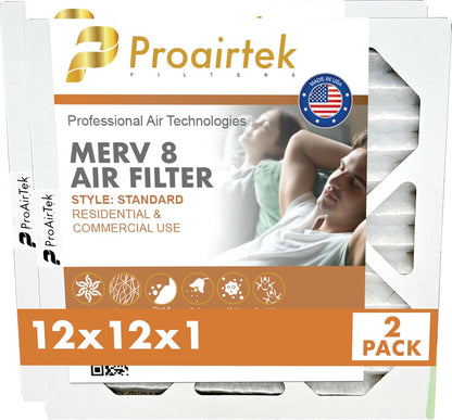 Proairtek AF12121M08SWH Model 12x12x1 Pack of 2 Air Filters, MERV 8 for Clean Air in Home