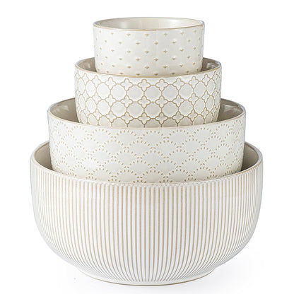 Mikiegy Ceramic Mixing Bowls Set of 4, Nesting Ceramic Embossment Stoneware Mixing Bowls for Cooking, Serving, Popcorn, Salad etc, Microwave & Dishwasher Safe, 20/44/98/145 oz, Off-White