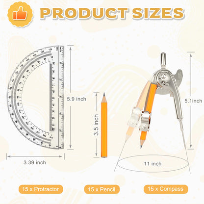 30 Pack Geometry Tool Set, Math Compass for Geometry and 6 Inch Protractor Set Include Metal Compass with Pencil and Clear Plastic Protractor for Student Classroom Office Woodworking Art Drawing
